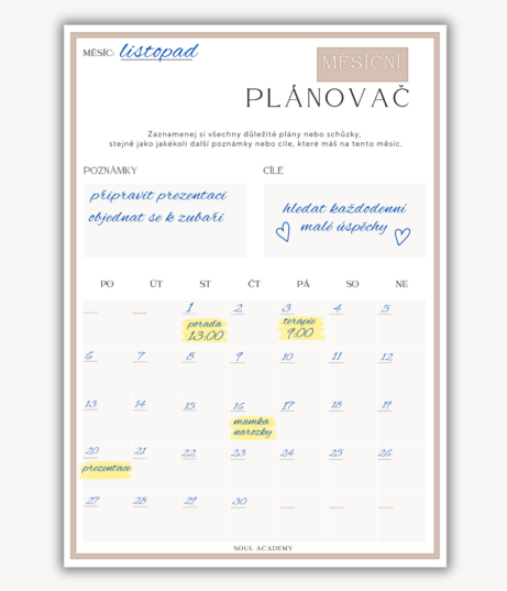 Vyplněný měsíční plánovač ke stažení béžový Soul Academy