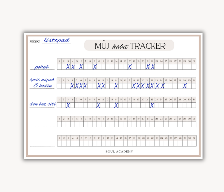 Vyplněný habit tracker ke stažení béžový Soul Academy
